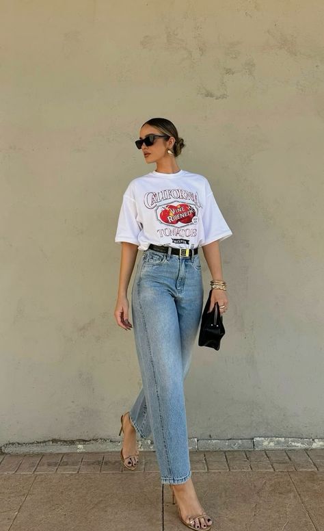 White Tee with High-Waisted Jeans and Clear Heels